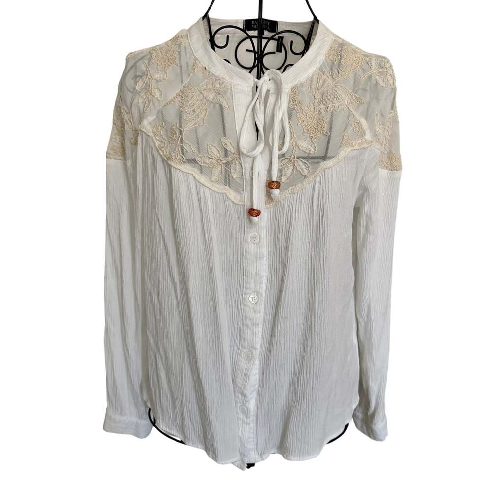Badgley Mischka Embroidered Lace Gauze Boho Peasant Top White Long Sleeve Retro